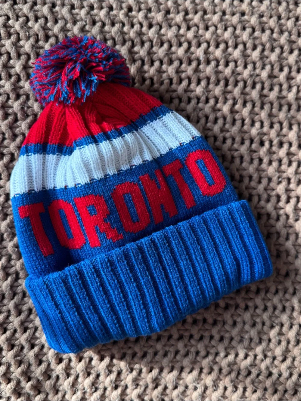 Toronto Knit Pom Beanie Hat Red Blue White Winter Cap